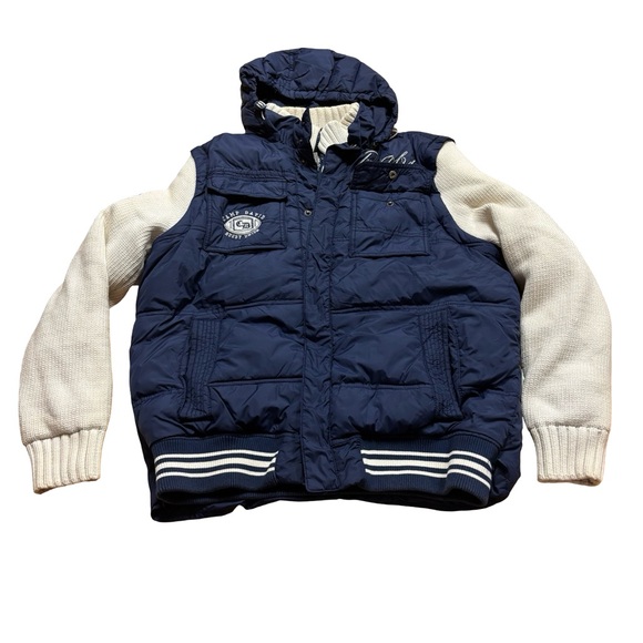 Camp David Navy&White Hooded Puffer Varsity Winter Jacket/ Removable Sleeves XL